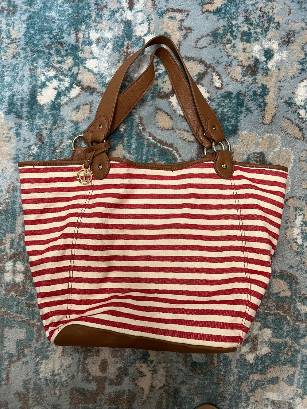 Tommy Hilfiger Red and Cream Striped Canvas Tote with Brown Trim